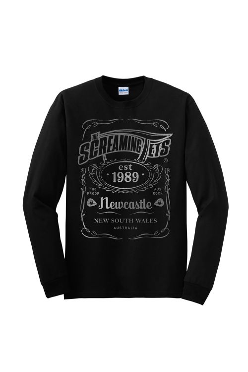 New Metallic Silver Print JD Longsleeve Black Tshirt by The Screaming Jets